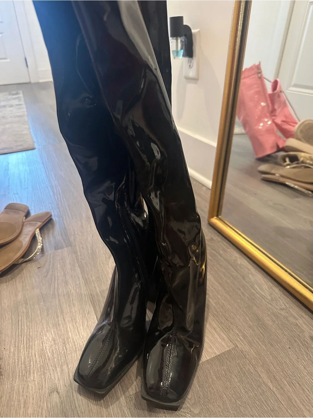 Patent Black Knee-High Block Heel Boots